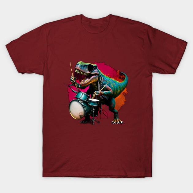 T-Rex Playing Drum Set T-Shirt by Urban Gypsy Designs